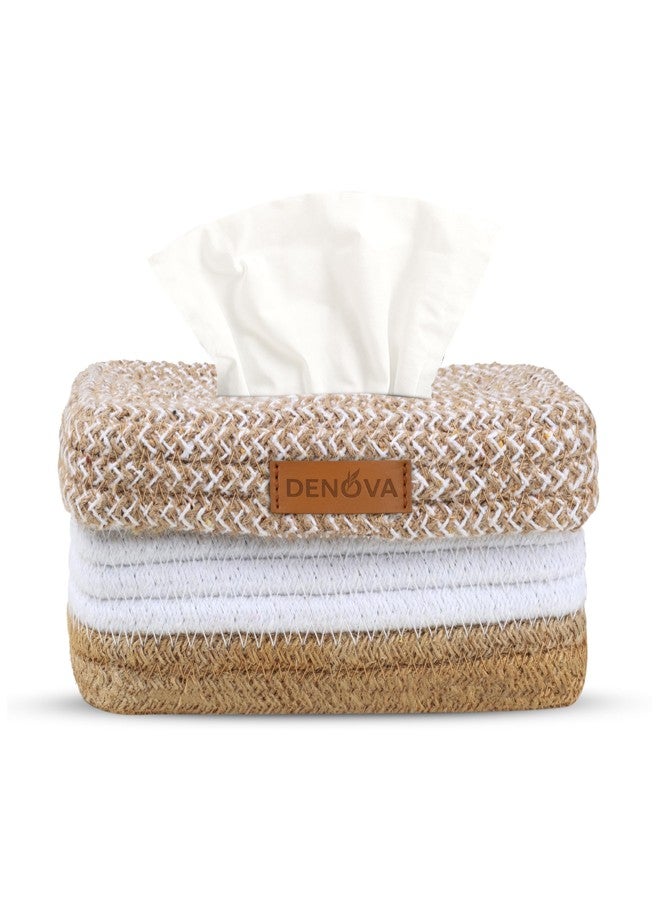 DENOVA Cotton Tissue Box Holder - Handcrafted Tissue Container for 100 Pulls Paper Towel Dispenser for Office Living Bedroom Car Desk Dining Table Home Decor (Rectangle, Natural + Tissue Box) - Image 2